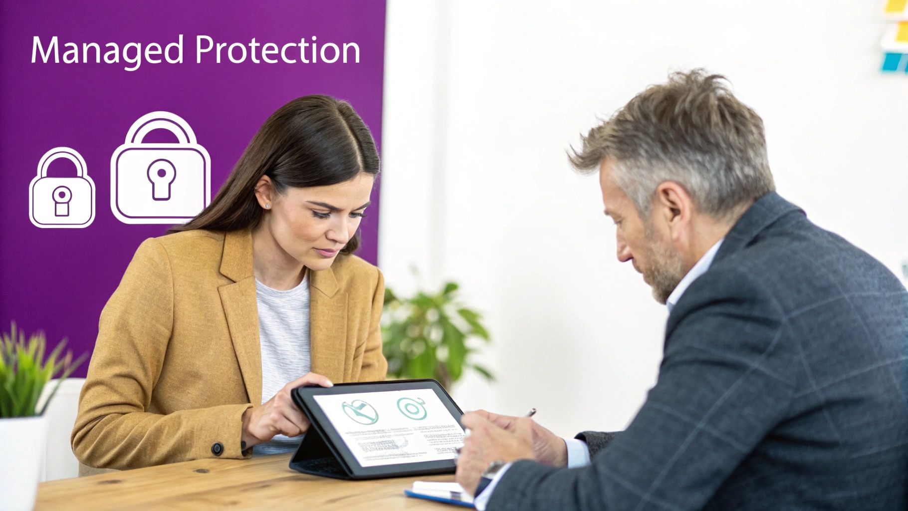 Two professionals discussing managed protection services, looking at a tablet with security icons.