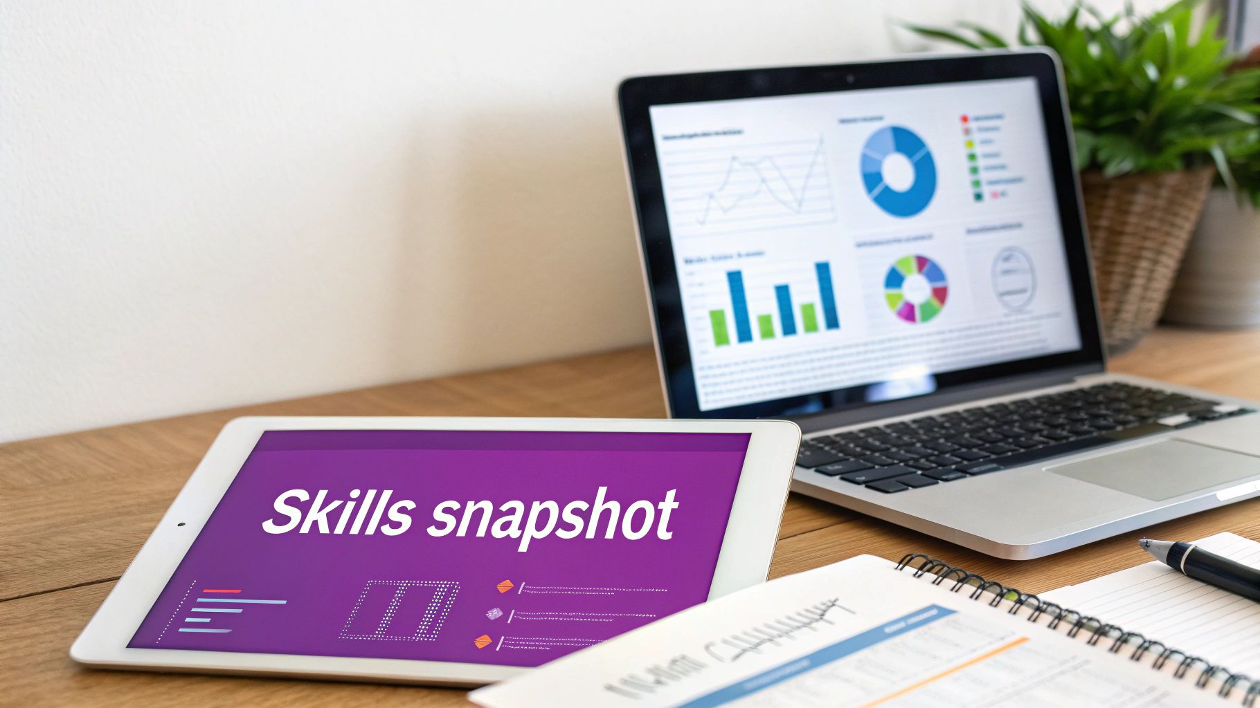 A workspace with a laptop displaying data charts and a tablet showing 'Skills snapshot'.