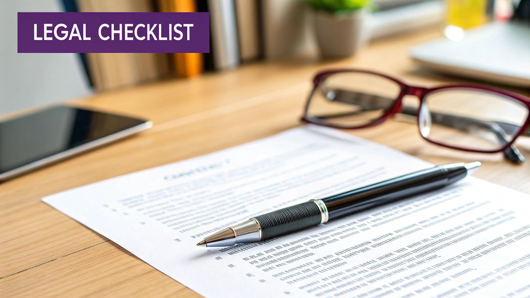 A legal checklist document with a pen, glasses, and phone on a wooden desk, symbolizing legal planning.