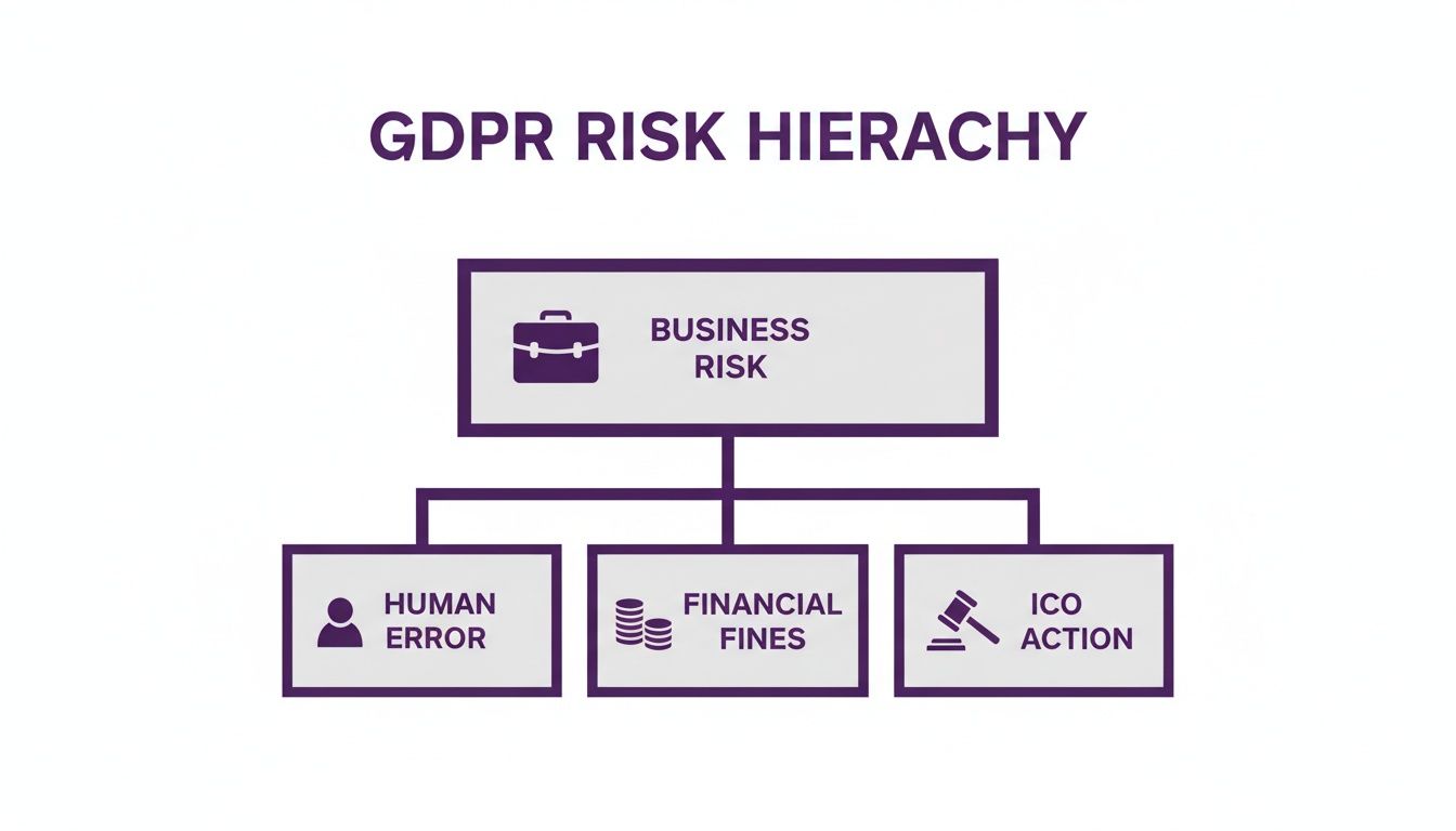 A GDPR risk hierarchy diagram showing business risk leading to human error, financial fines, and ICO action.