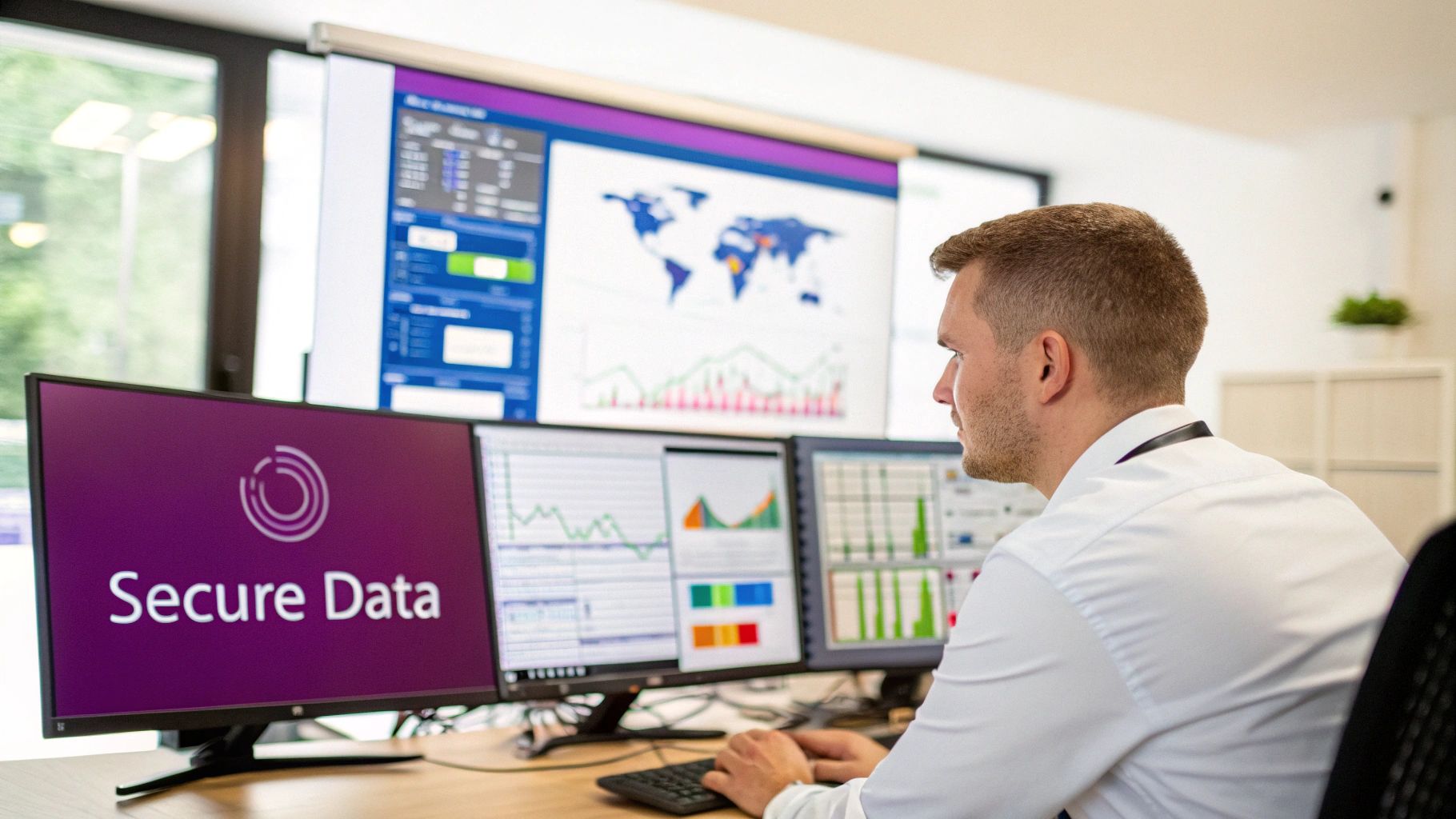 Professional monitoring multiple computer screens displaying data charts, a world map, and 'Secure Data'.