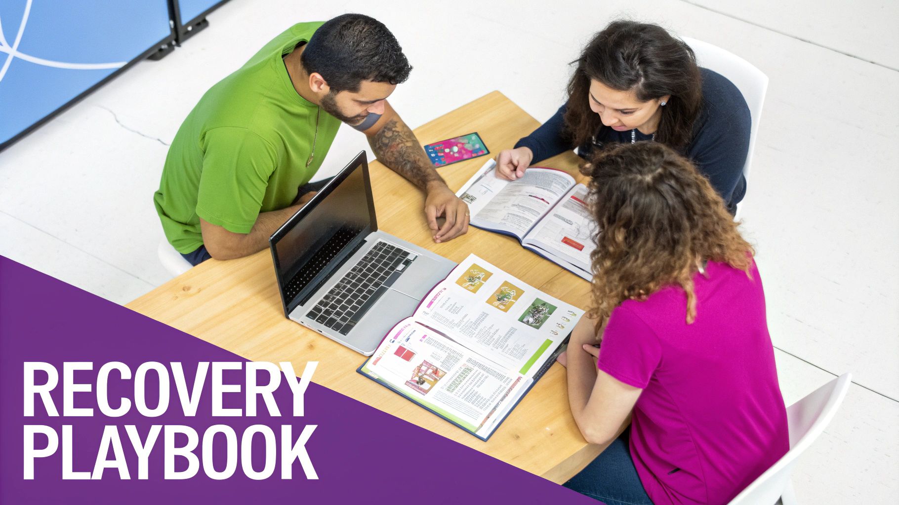 Overhead view of three individuals collaborating around a table with books, a laptop, and a tablet.