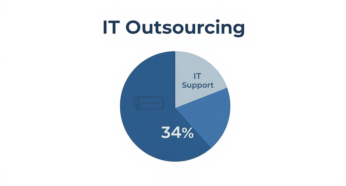 Infographic showing that IT Support is the most commonly outsourced service for B2B organisations in the UK, at 34%.