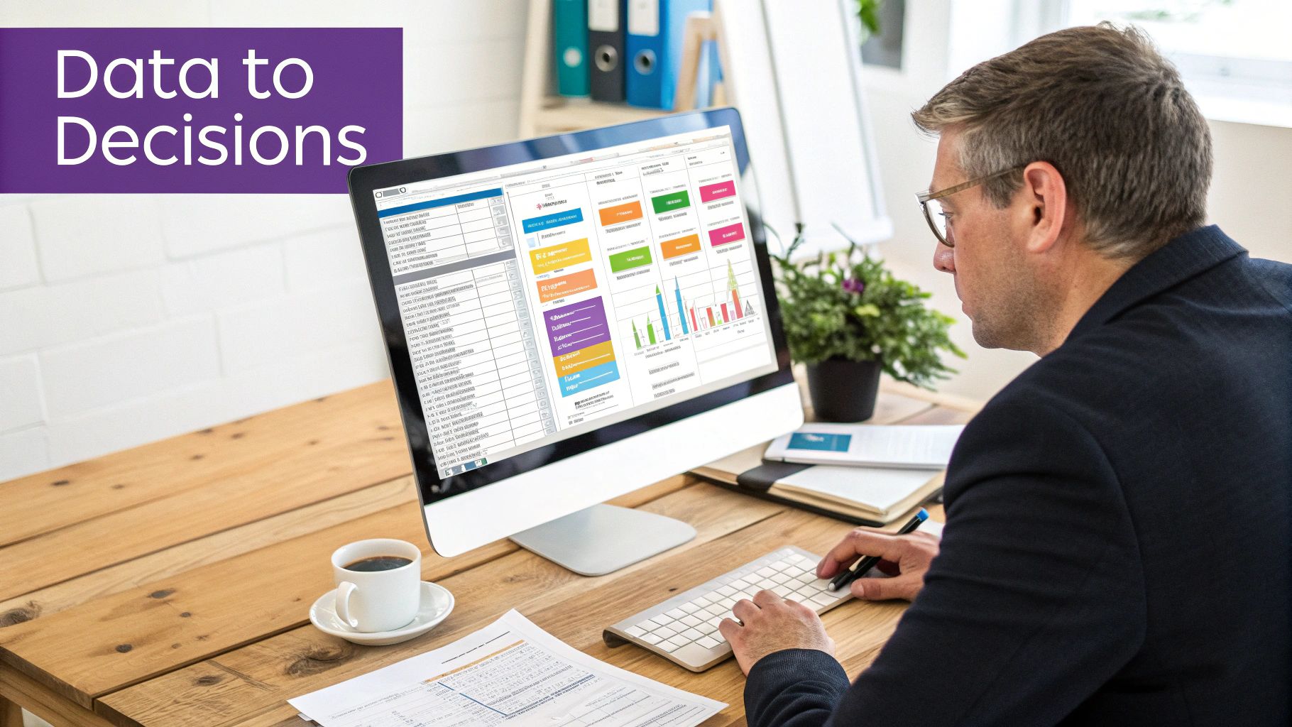 Businessman reviews a data analytics dashboard on his desktop computer for informed decisions.