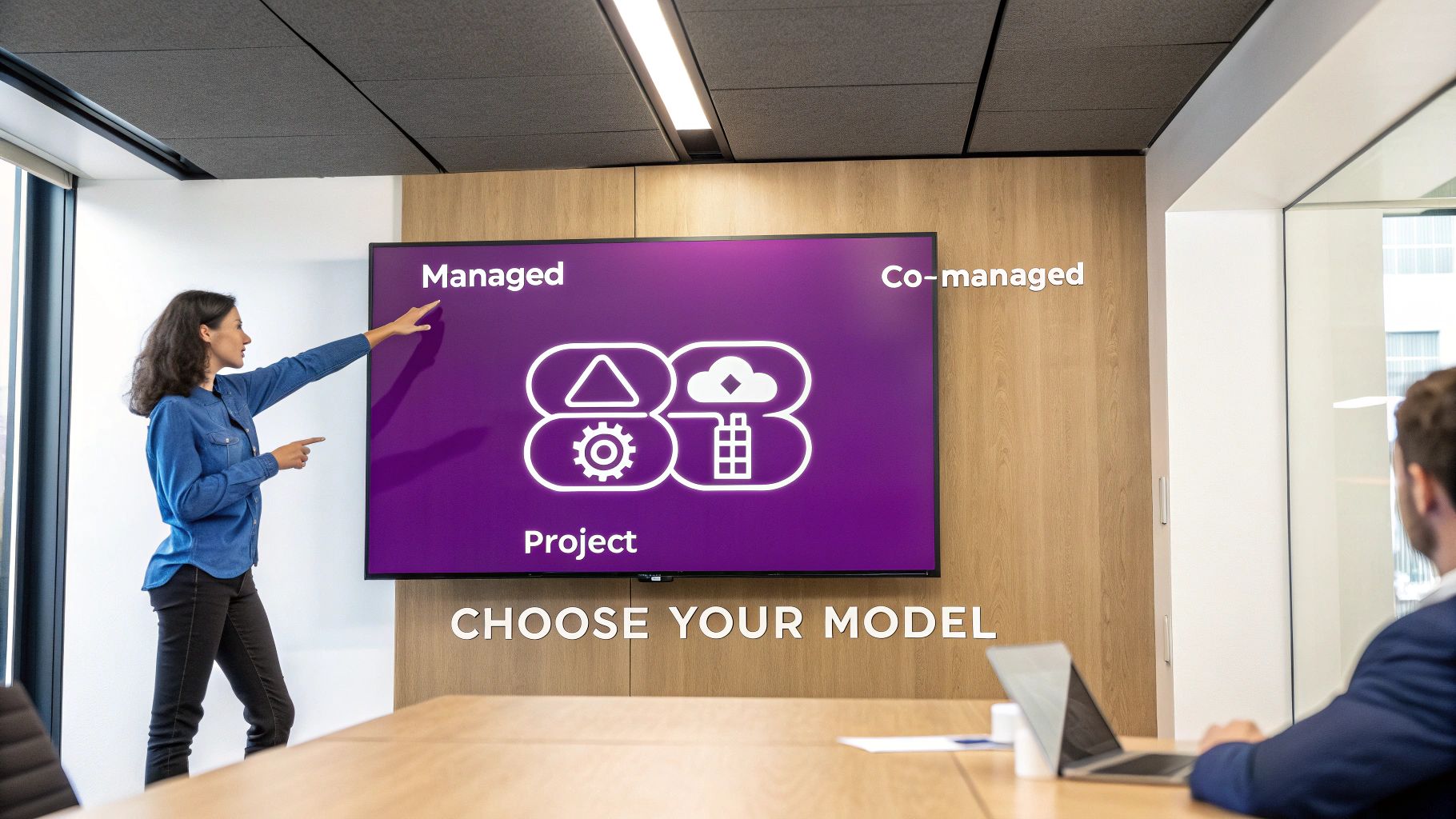 Woman presenting IT service models: Managed, Co-managed, Project, on a large screen in a meeting.