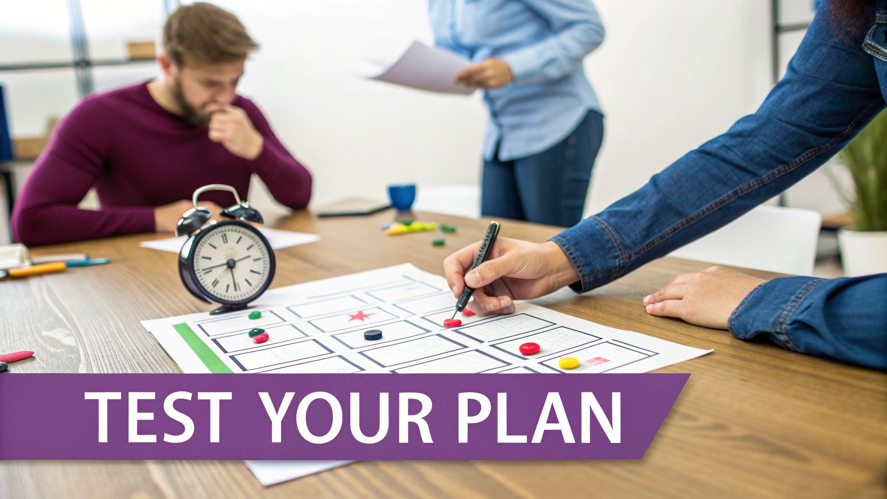 People collaborate in an office, testing a plan on paper with an alarm clock present.