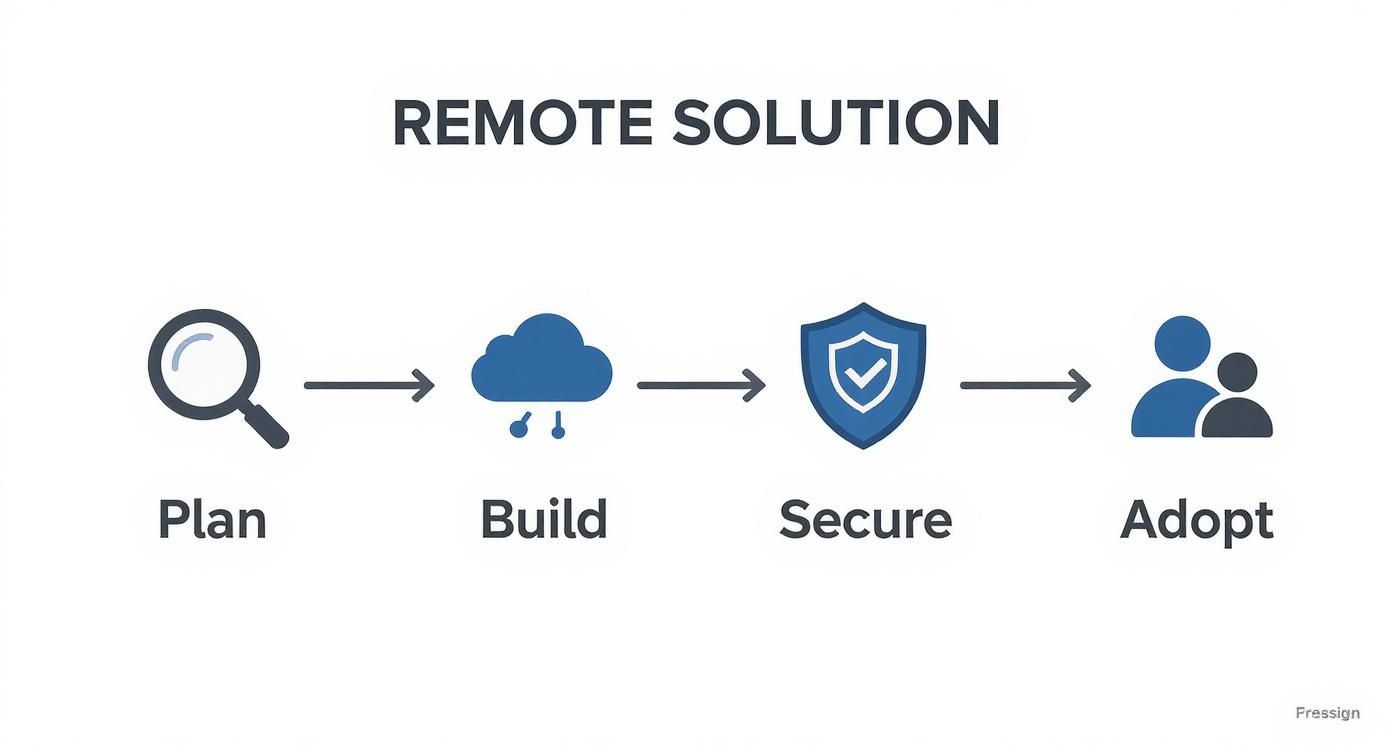 Remote solution workflow diagram showing four stages: plan, build, secure, and adopt with icons