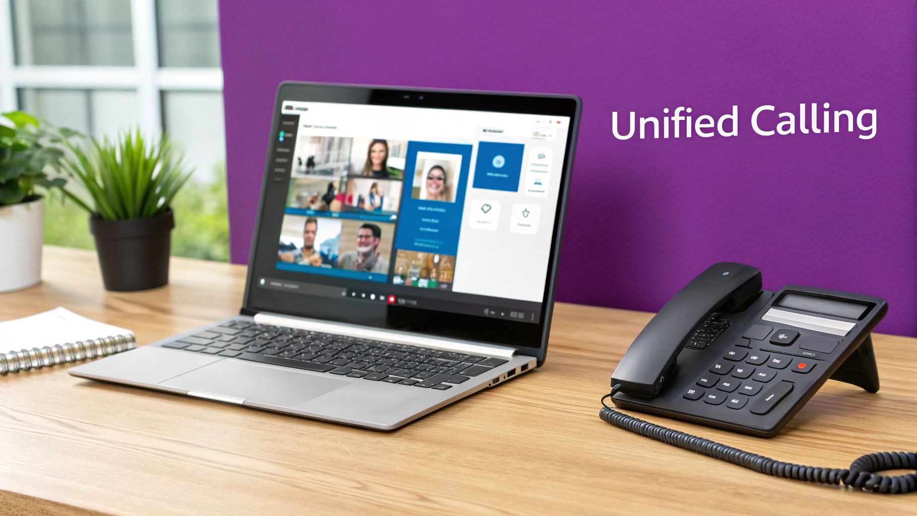 Laptop displaying a video conference and a black desk phone, representing unified calling.