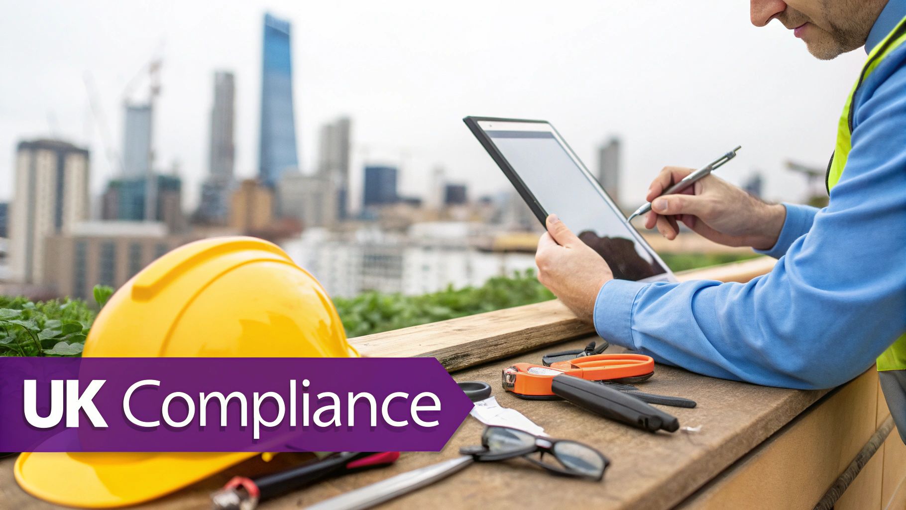 A UK technician reviewing a digital compliance checklist on a tablet, with a London street in the background.