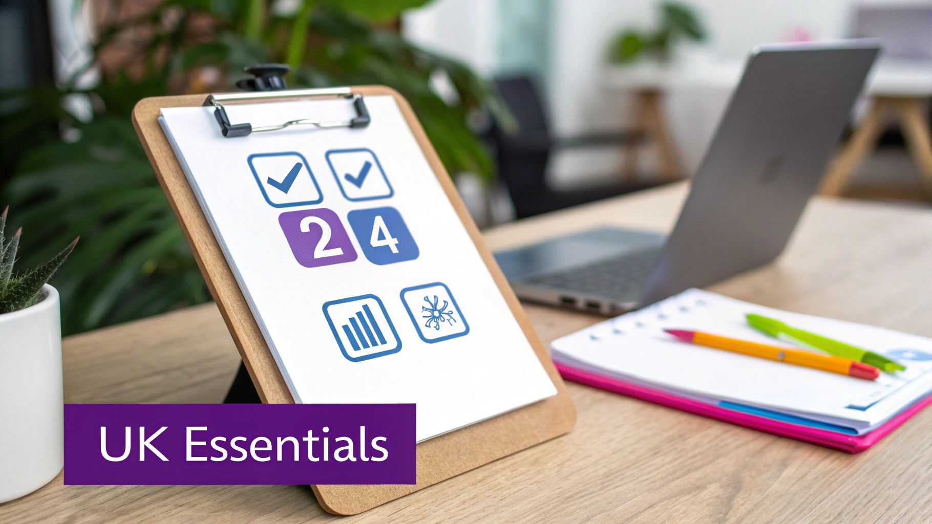 A clipboard on a wooden desk displaying icons, 'UK Essentials' banner, laptop, and pens.