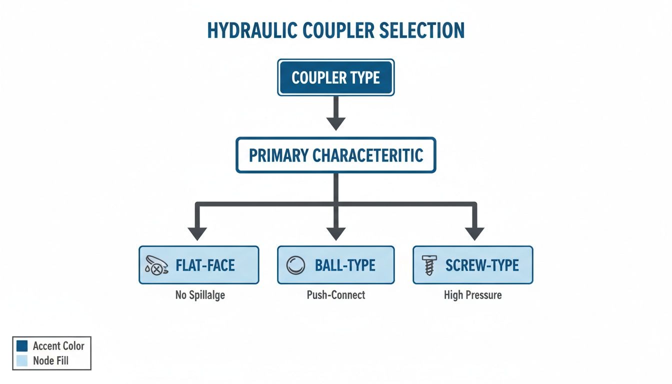 Flowchart illustrating hydraulic coupler selection based on primary characteristics like flat-face, ball-type, and screw-type.