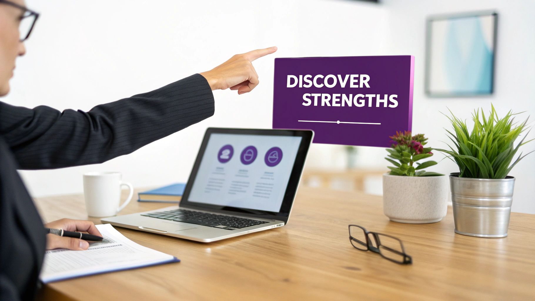 A person in a suit points to a purple screen displaying 'DISCOVER STRENGTHS' on a desk.