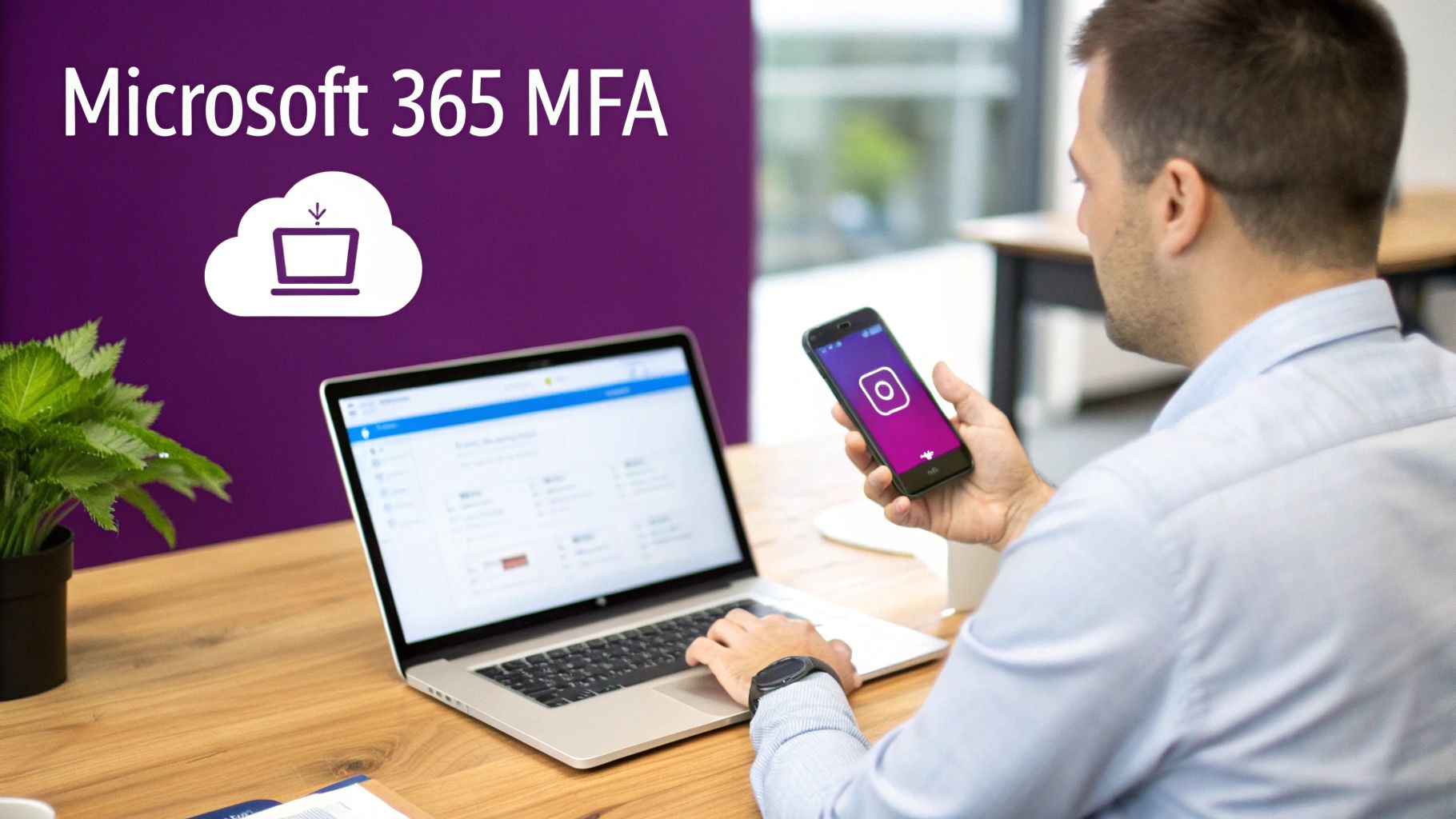 Man uses phone with social media app while working on a laptop, showing Microsoft 365 MFA.