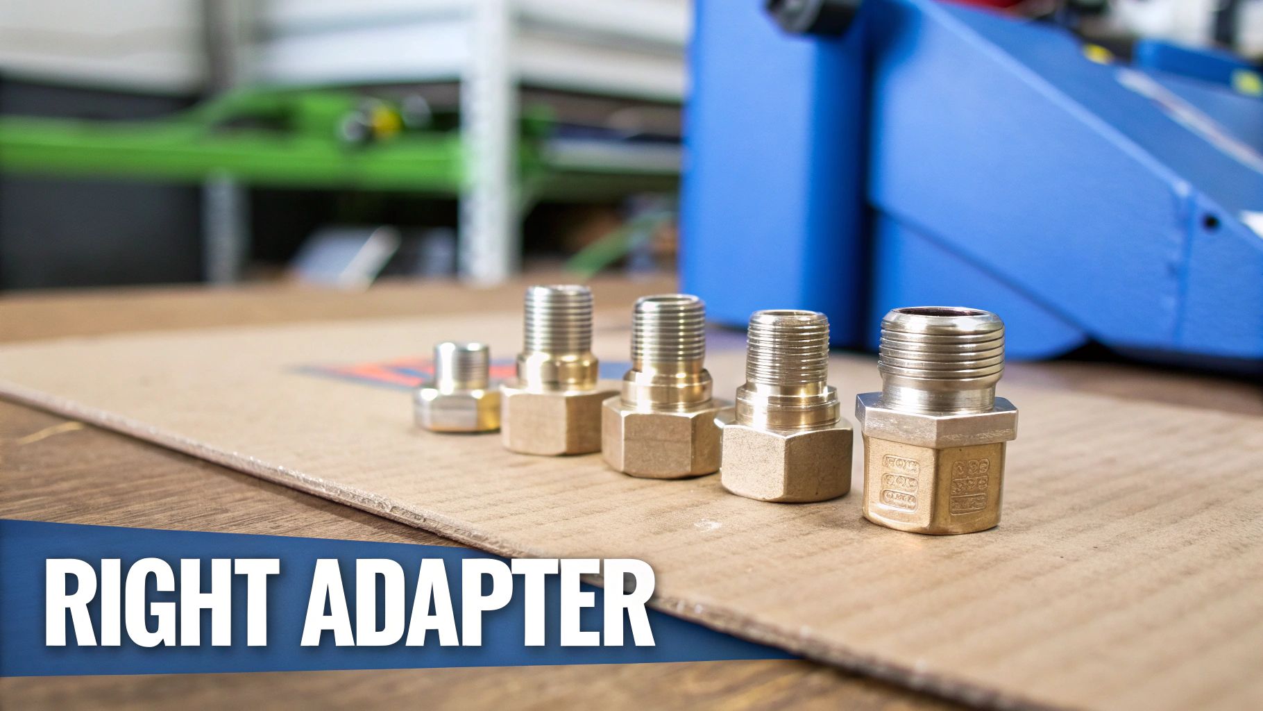 A lineup of five different brass threaded adapters and fittings on a cardboard surface.