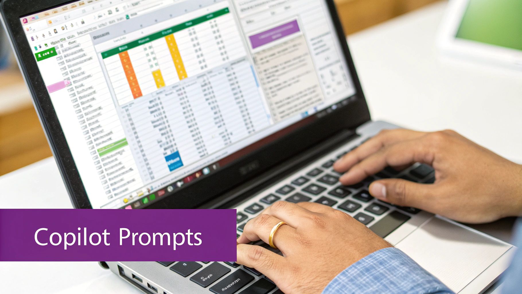 Person typing on a laptop, using Copilot prompts within an Excel spreadsheet.