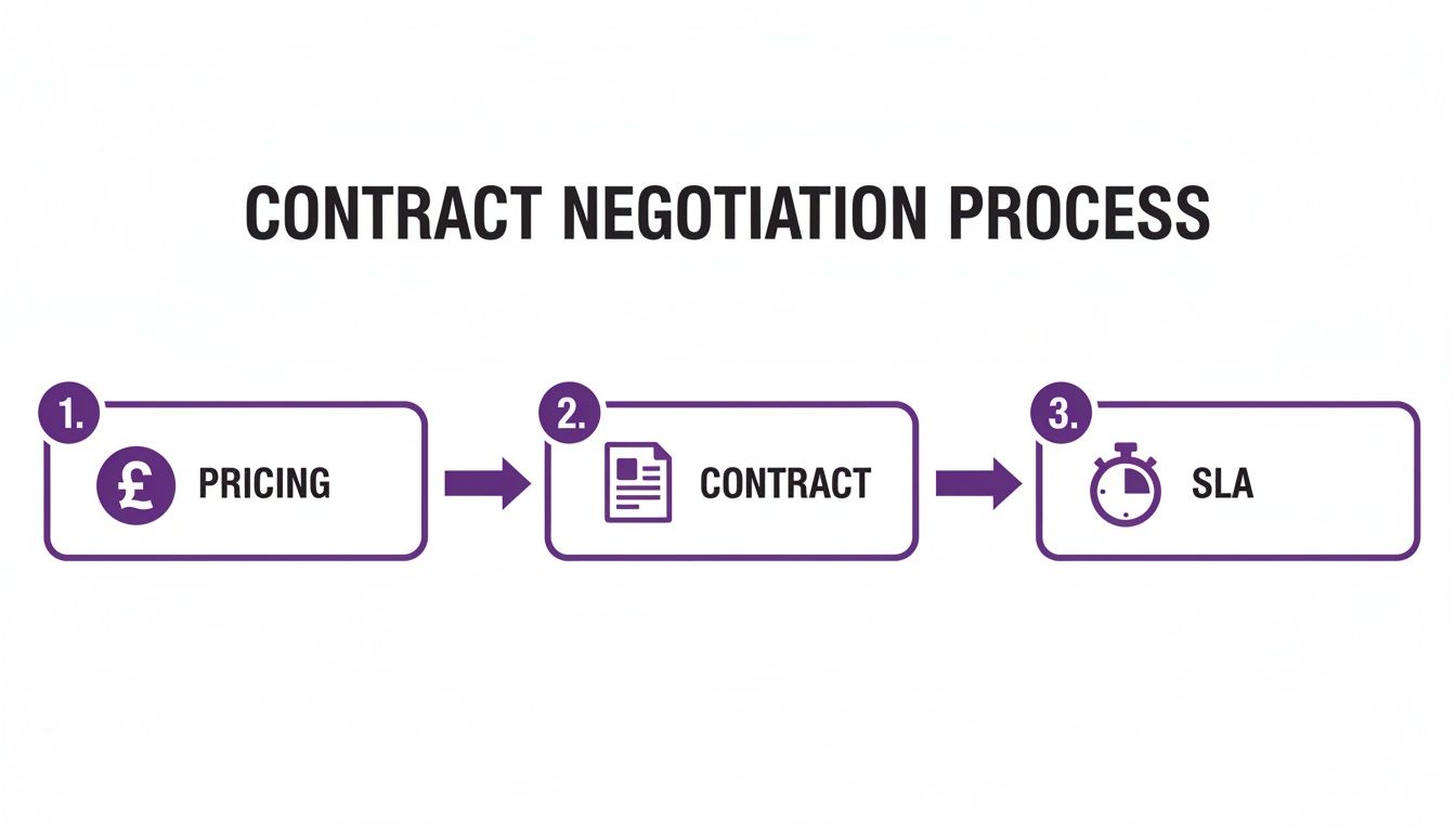 A contract negotiation process diagram showing three sequential steps: pricing, contract, and SLA.