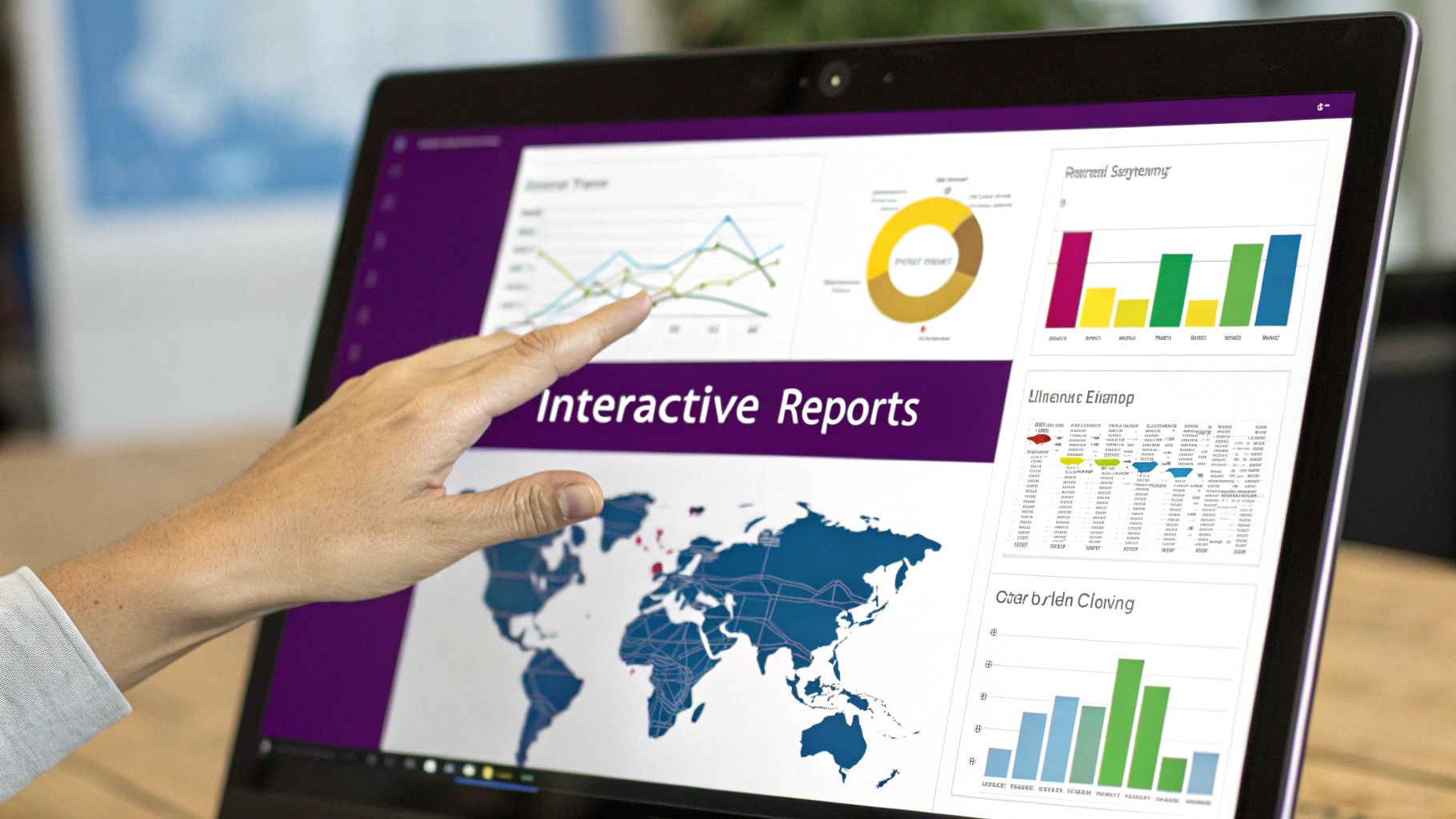 A hand interacts with a laptop screen displaying interactive data reports, charts, and a world map.