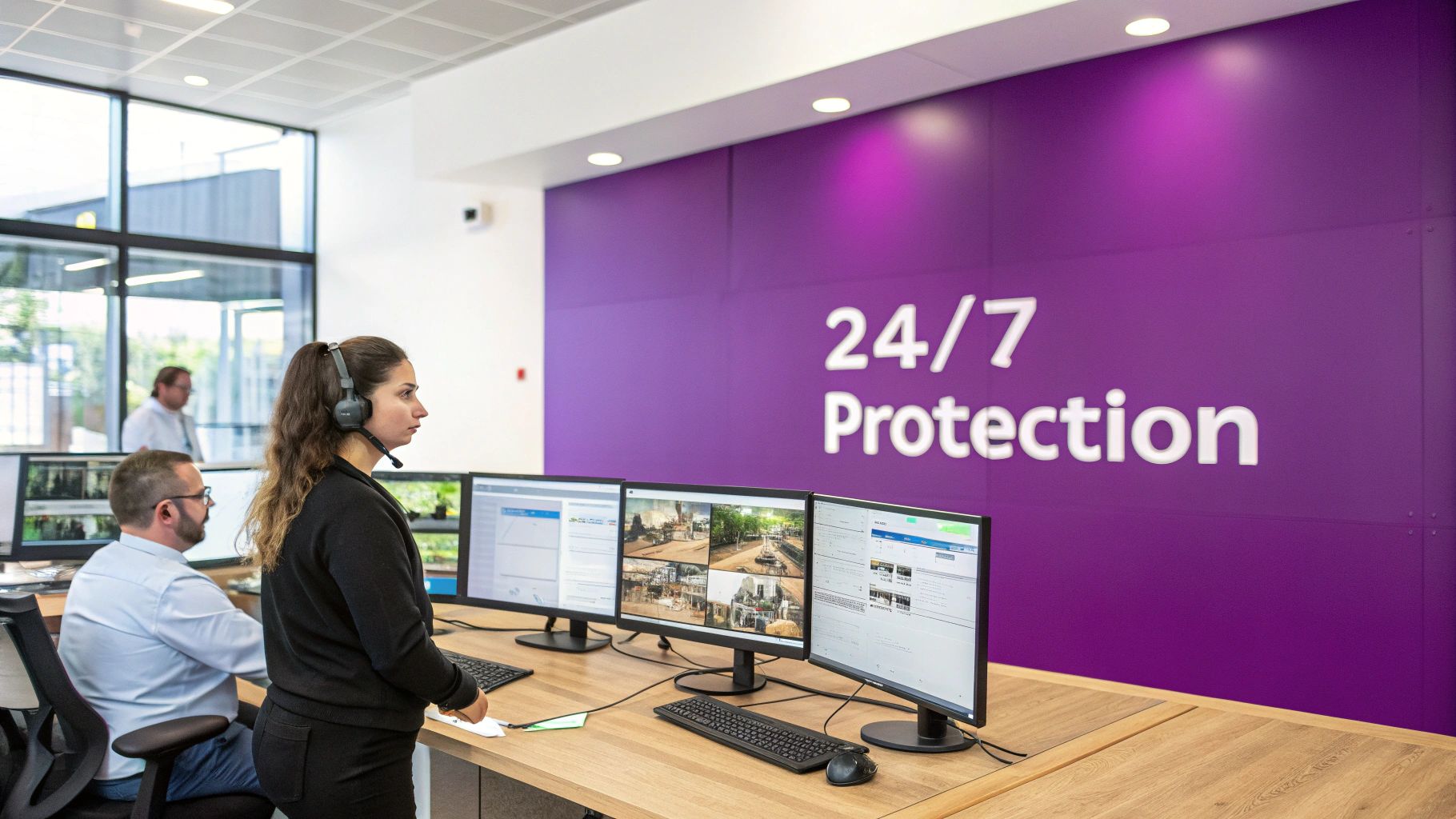 Security control room with operators monitoring multiple screens, featuring a purple wall with '24/7 Protection'.