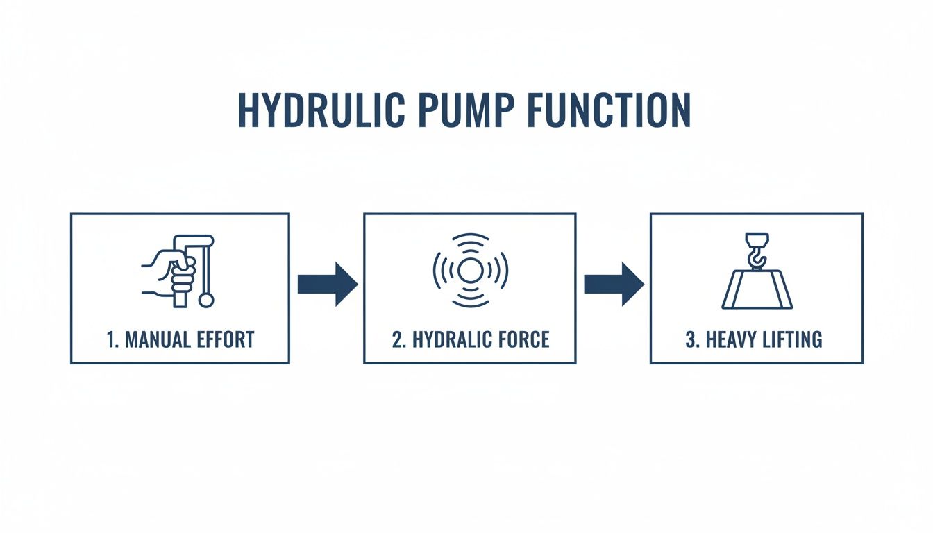 Diagram showing hydraulic pump function: manual effort transforms into hydraulic force for heavy lifting.