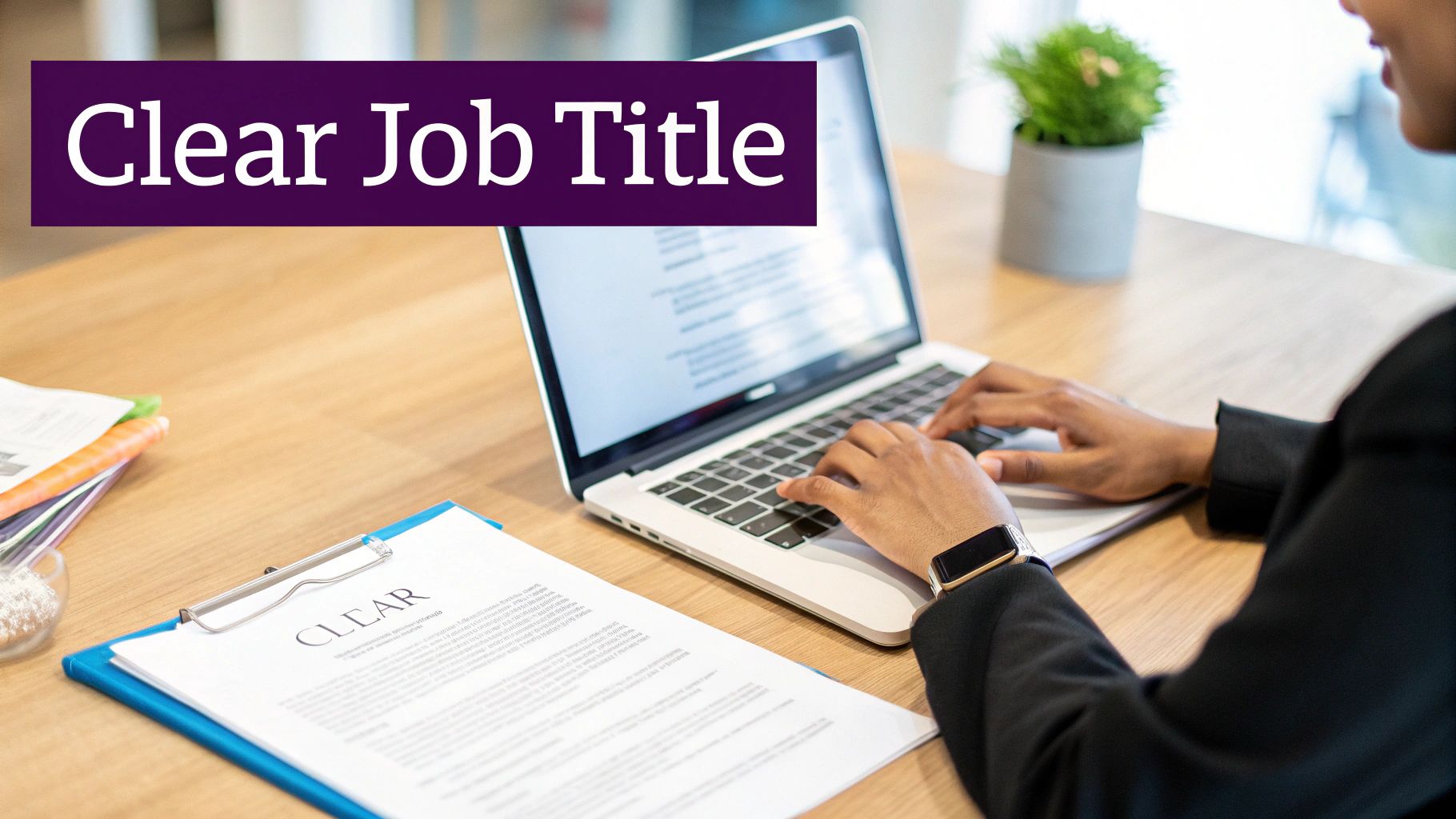 A person types on a laptop next to a document, with a 'Clear Job Title' overlay.