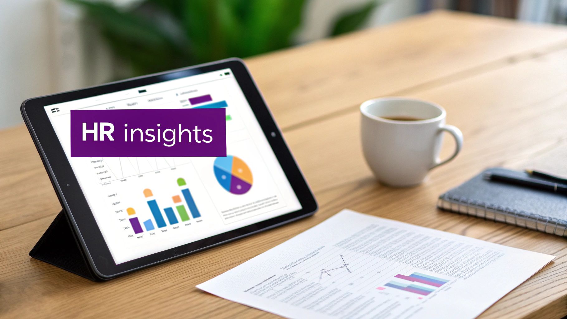 A tablet on a wooden desk displays "HR insights" with data visualizations, alongside a coffee cup and documents.