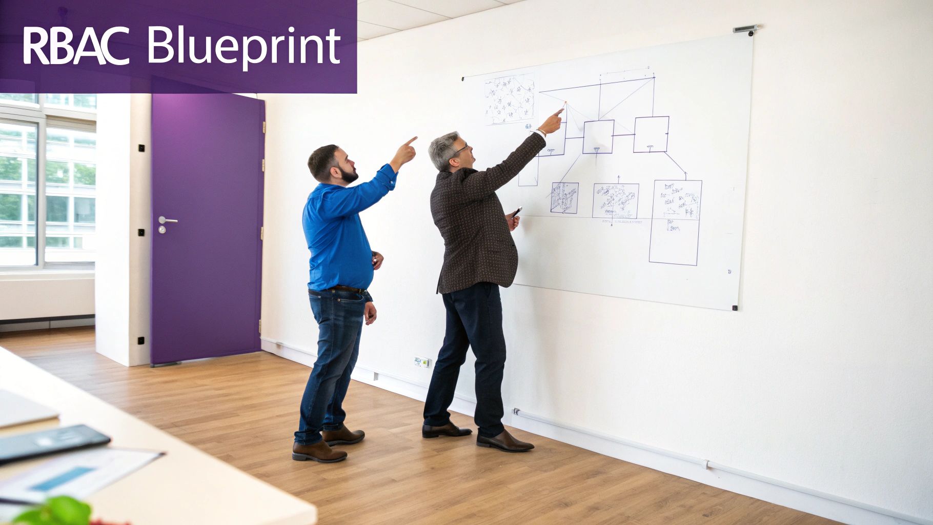 Two men discussing a complex RBAC blueprint diagram on a whiteboard in an office.