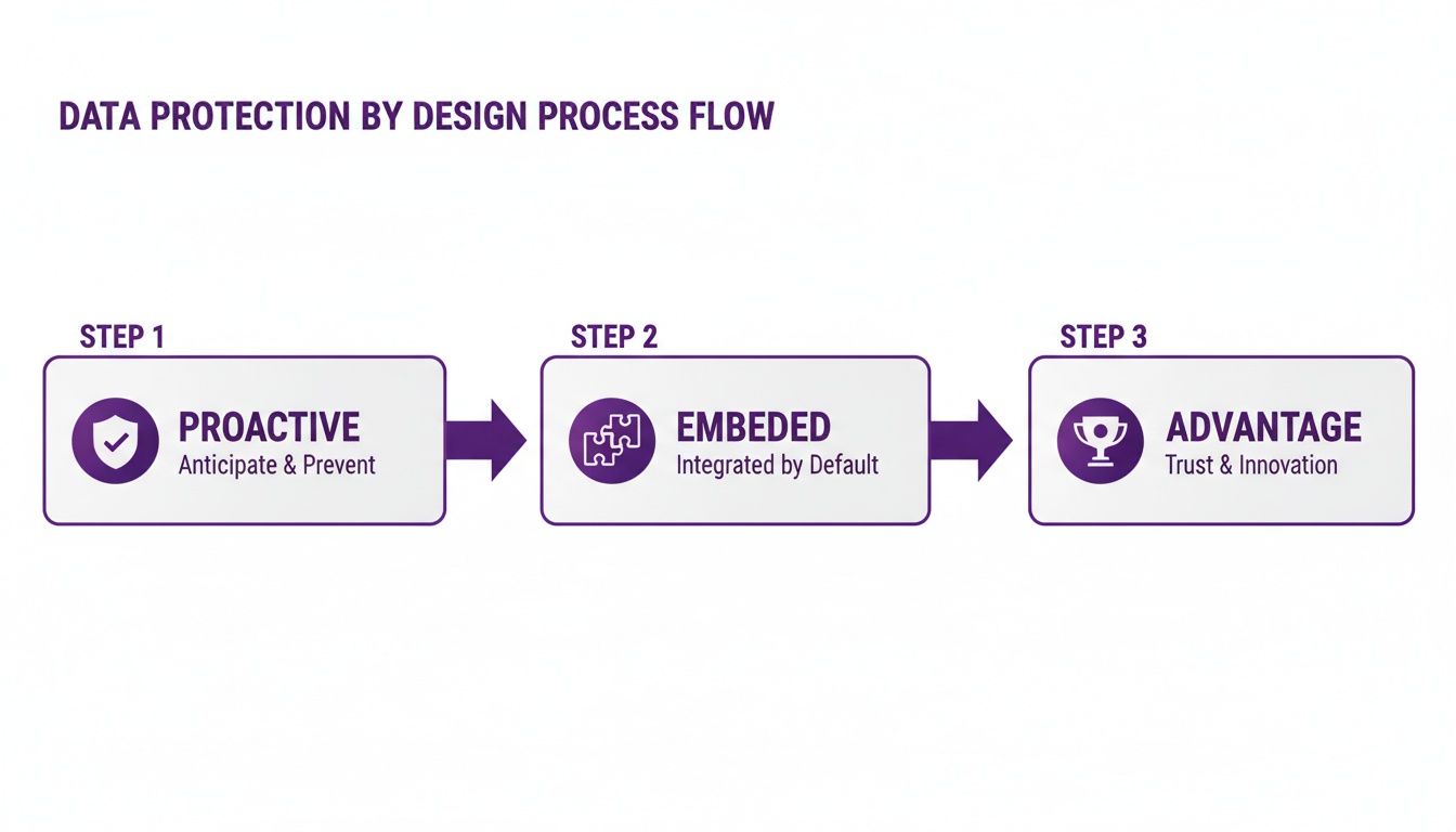 A data protection by design process flow illustrating proactive, embedded, and advantage steps, helping to ensure compliance.