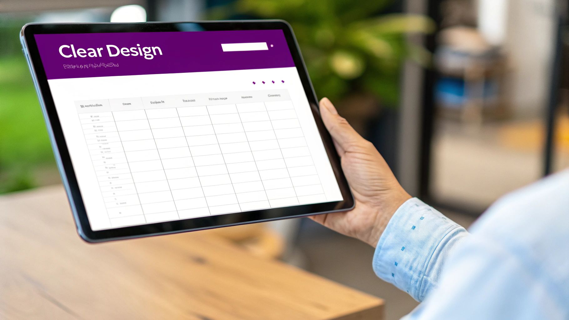 A person holds a tablet displaying a 'Clear Design' interface with a structured grid layout.