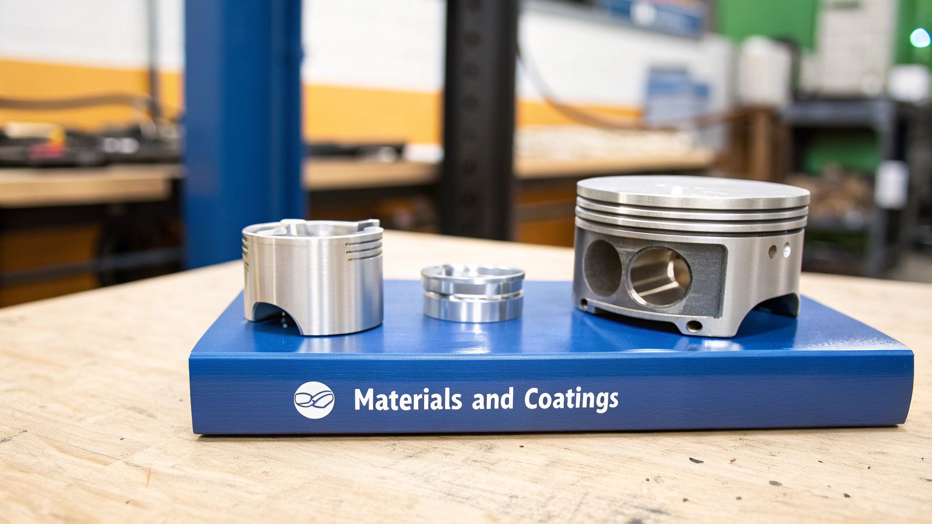 Three machined metal pistons and rings displayed on a blue stand with 'Materials and Coatings' text.