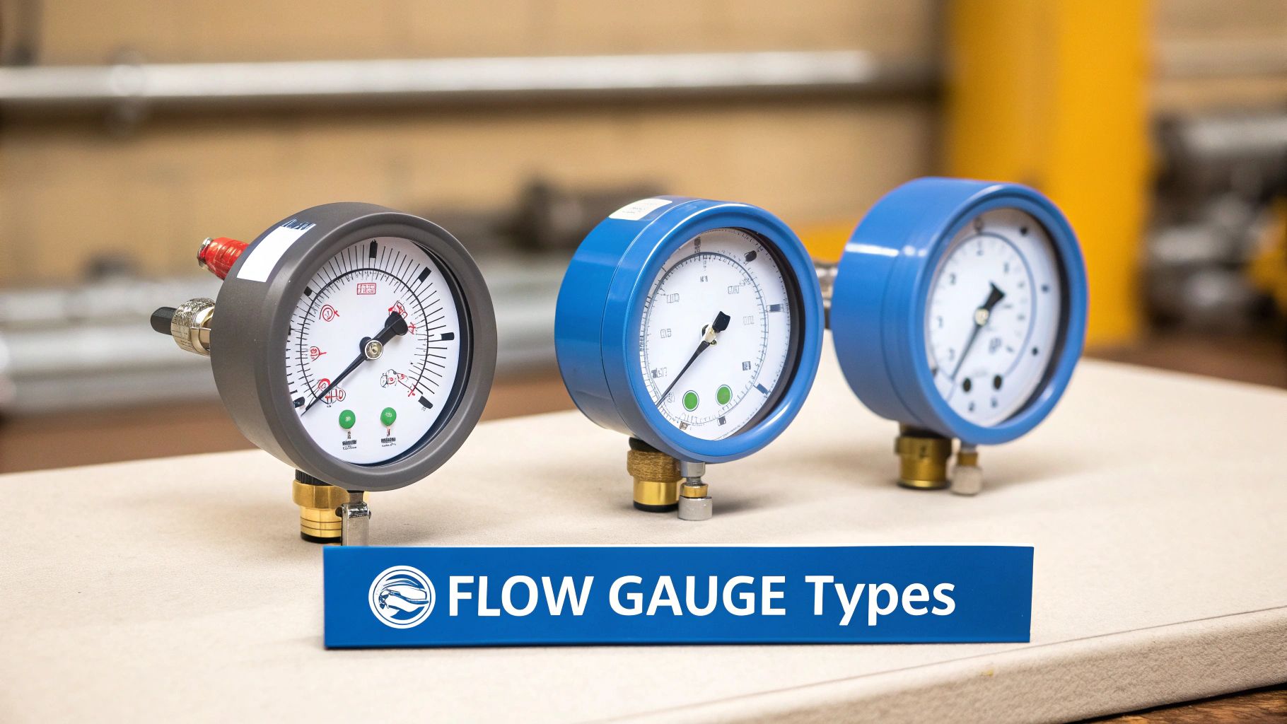 Three different types of hydraulic flow gauges are neatly displayed on a light surface.