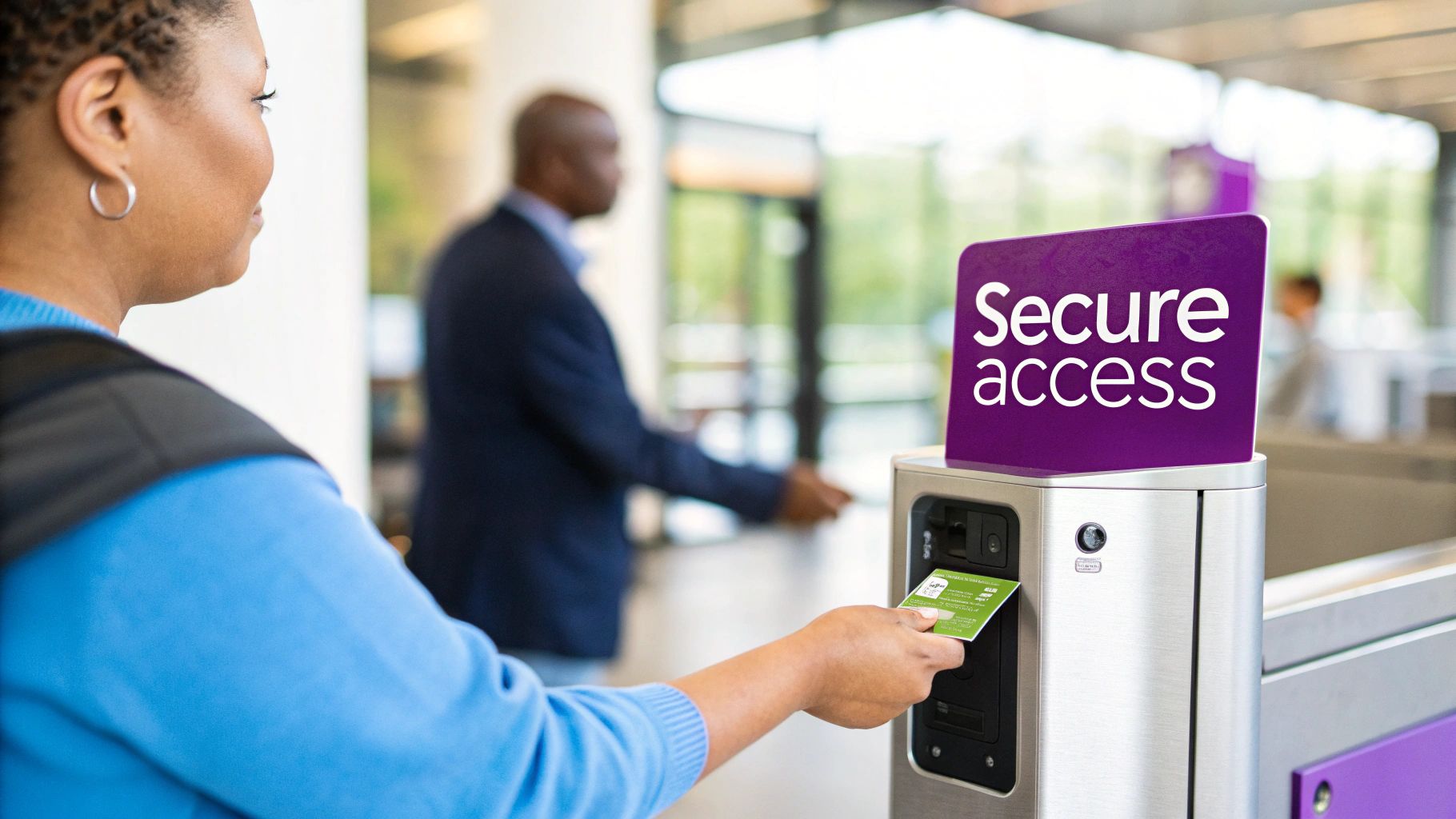 A person scans a green access card at a secure entry gate with 'Secure access' signage.