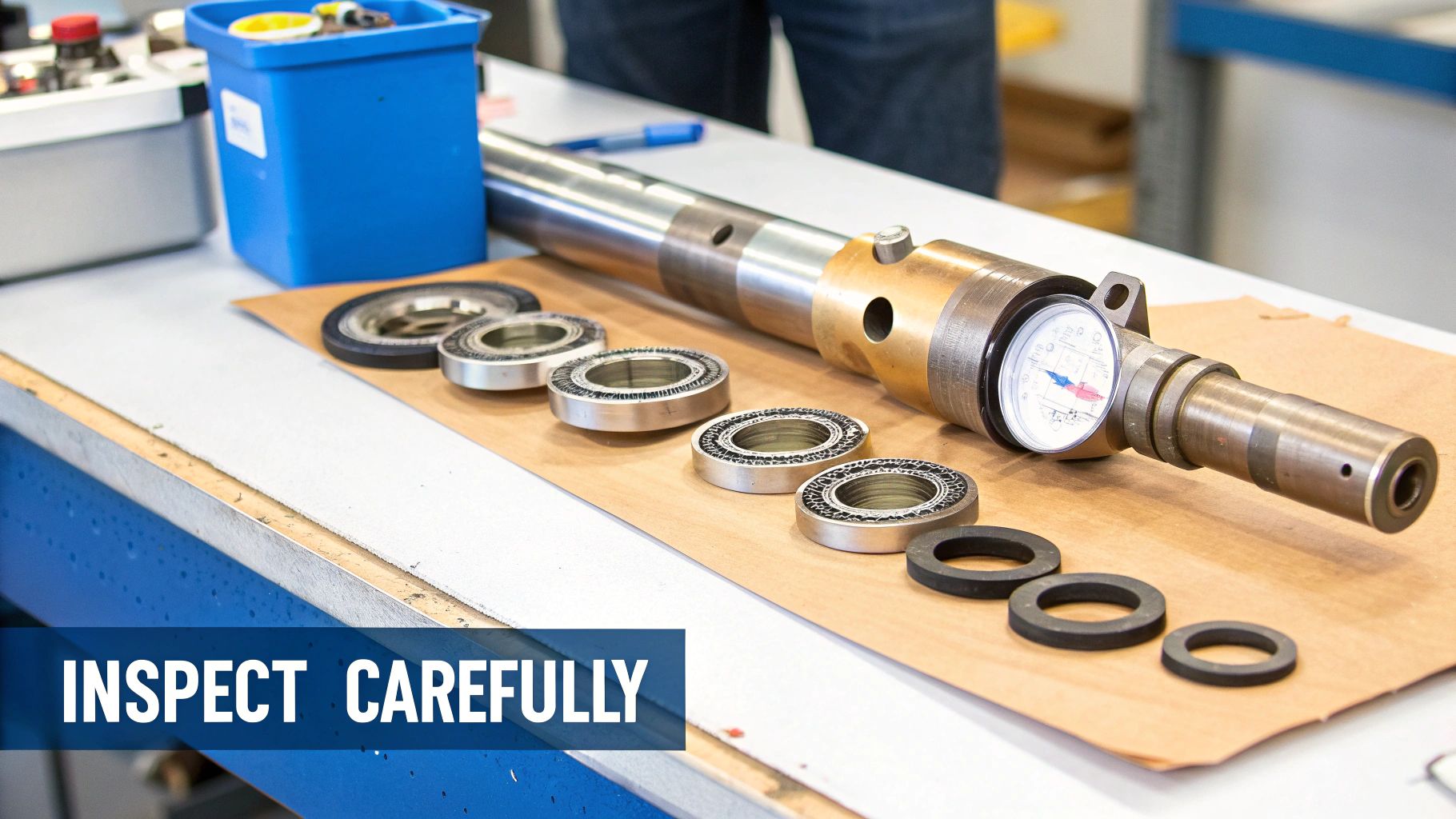 Disassembled hydraulic cylinder components, bearings, and a gauge laid out on a workbench for inspection.