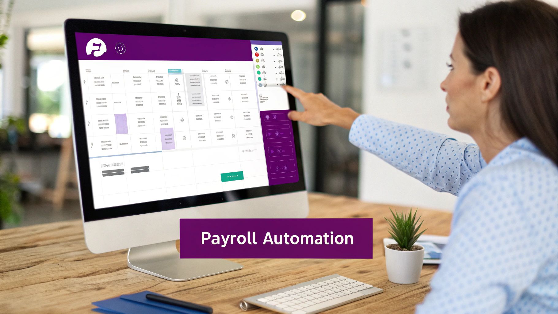 Woman interacting with payroll automation software on a desktop computer, emphasizing digital payroll management.