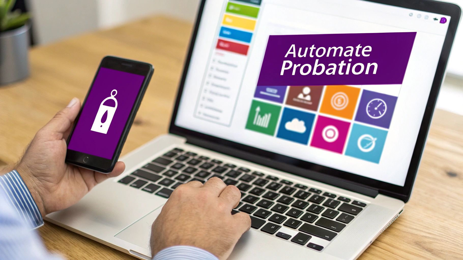 A person uses a laptop displaying 'Automate Probation' software and holds a smartphone with a bell icon.