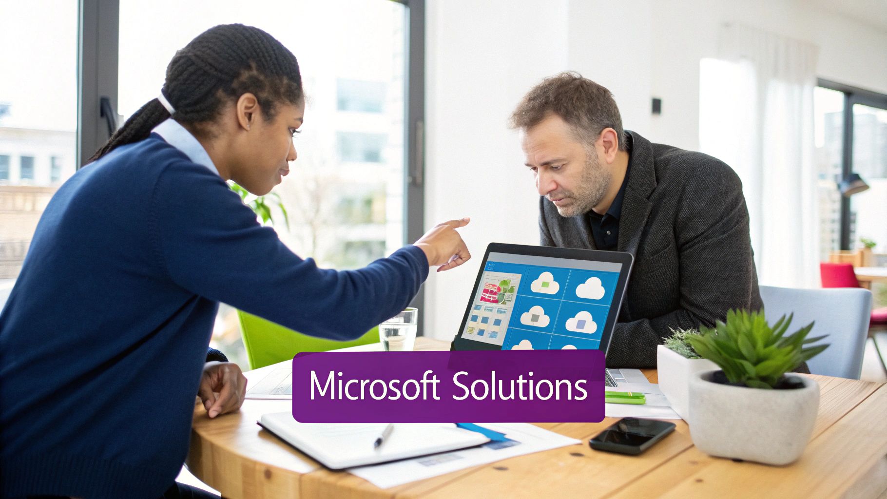 A woman points at a laptop screen with cloud icons to a man, discussing Microsoft Solutions.