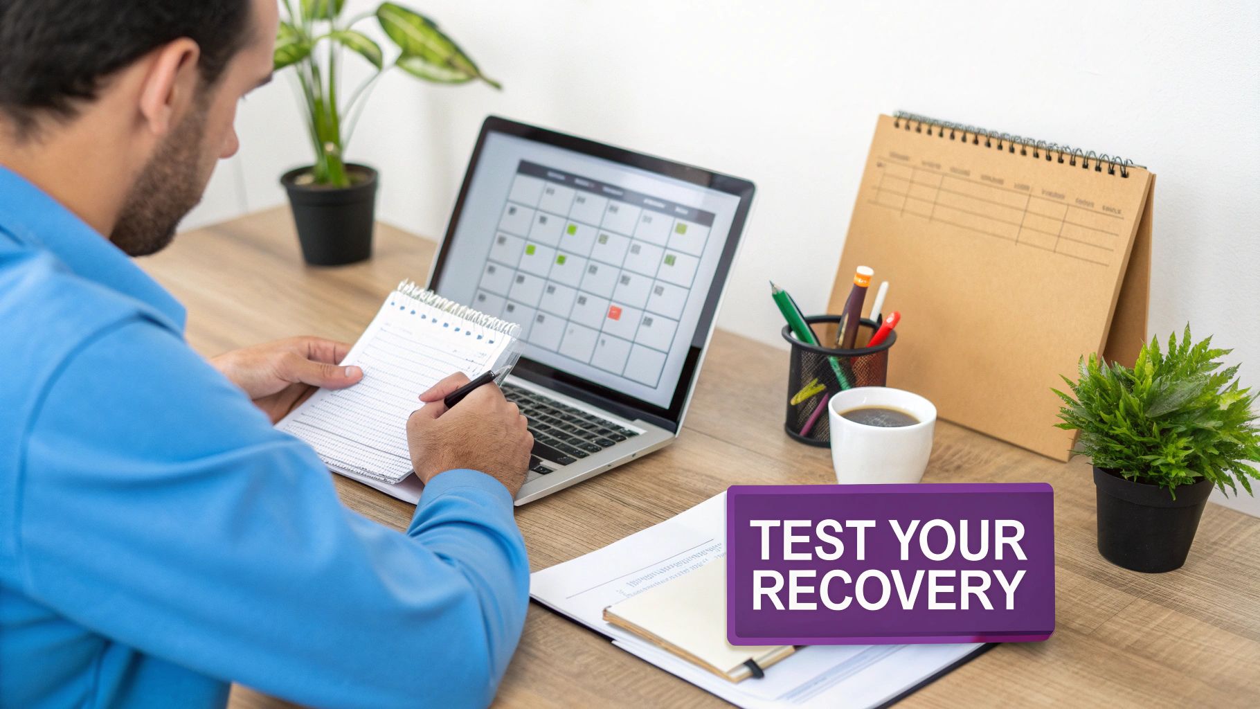 A person writing in a notebook at a desk with a laptop, coffee, and a "TEST YOUR RECOVERY" banner.
