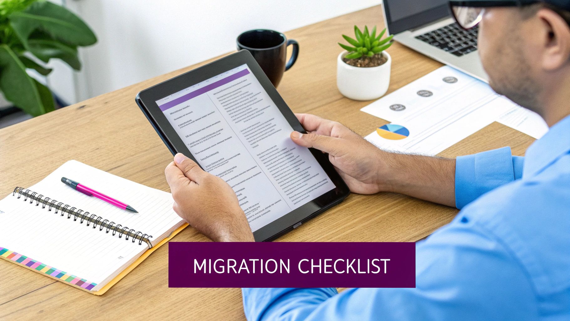 A person holds a tablet showing a migration checklist, seated at a desk with a laptop and documents.