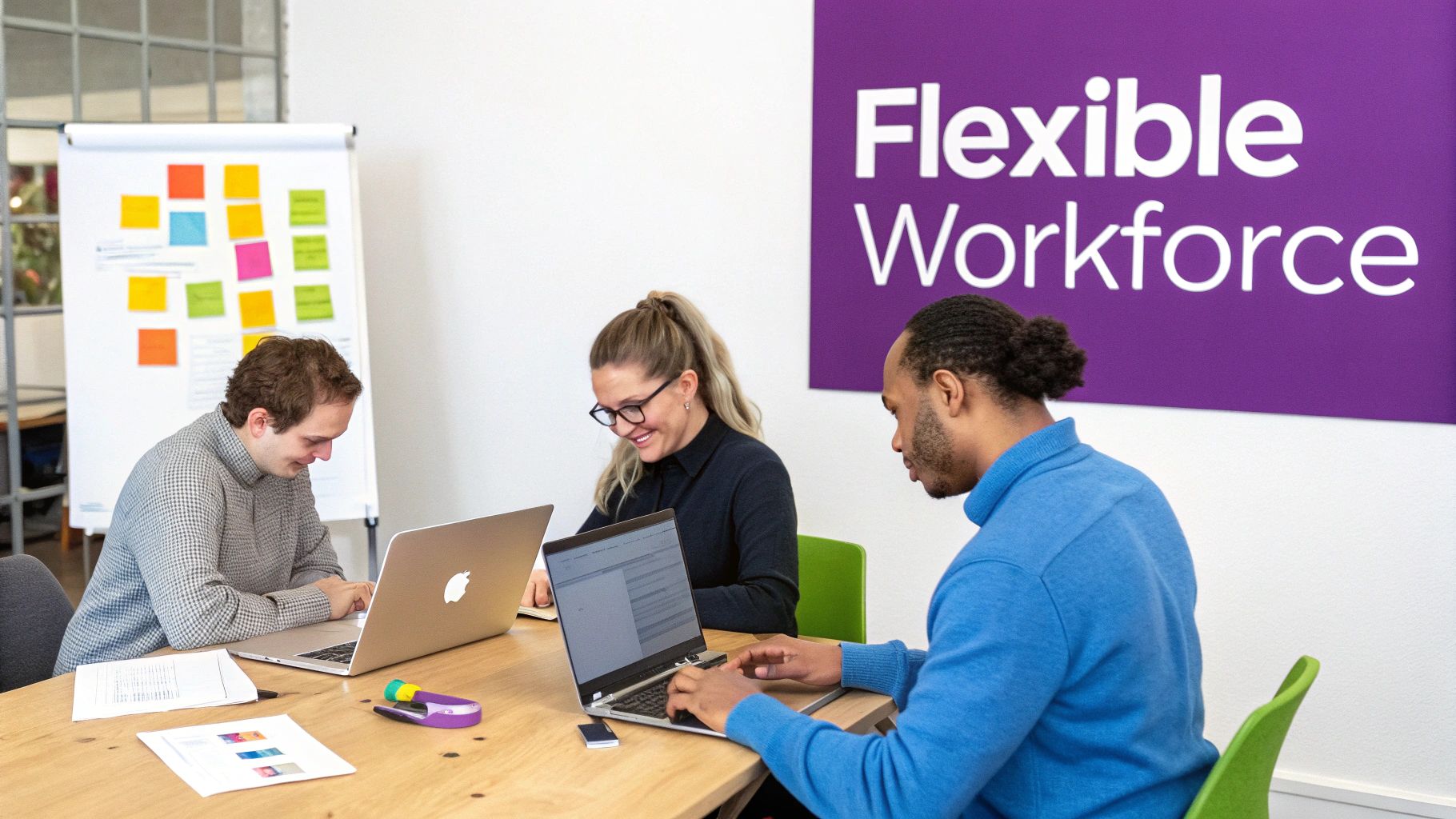 Three diverse colleagues working on laptops at a table in a modern office with a 'Flexible Workforce' sign.