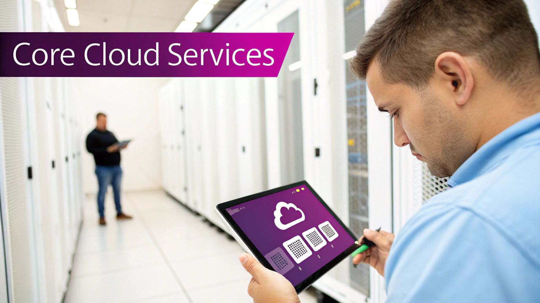 A person managing multiple cloud services on a digital interface, representing the core services of a managed cloud package.