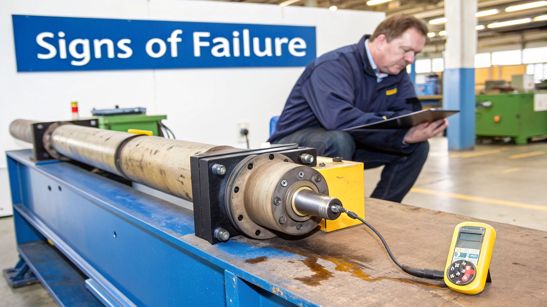 Engineer inspecting a hydraulic piston on a test bench with measurement equipment for condition monitoring.