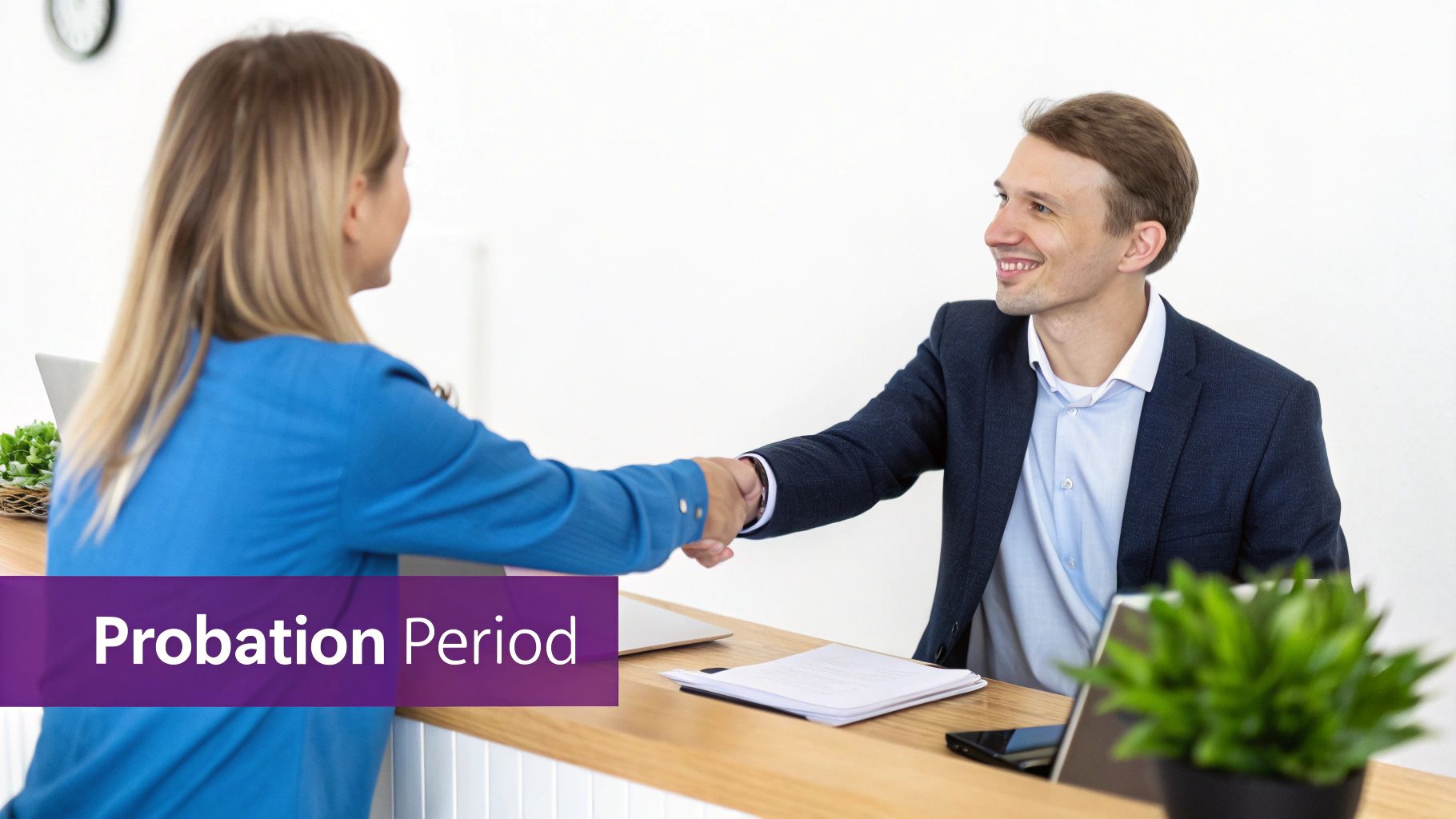 Two smiling professionals shaking hands across a desk, with 'Probation Period' text overlayed.