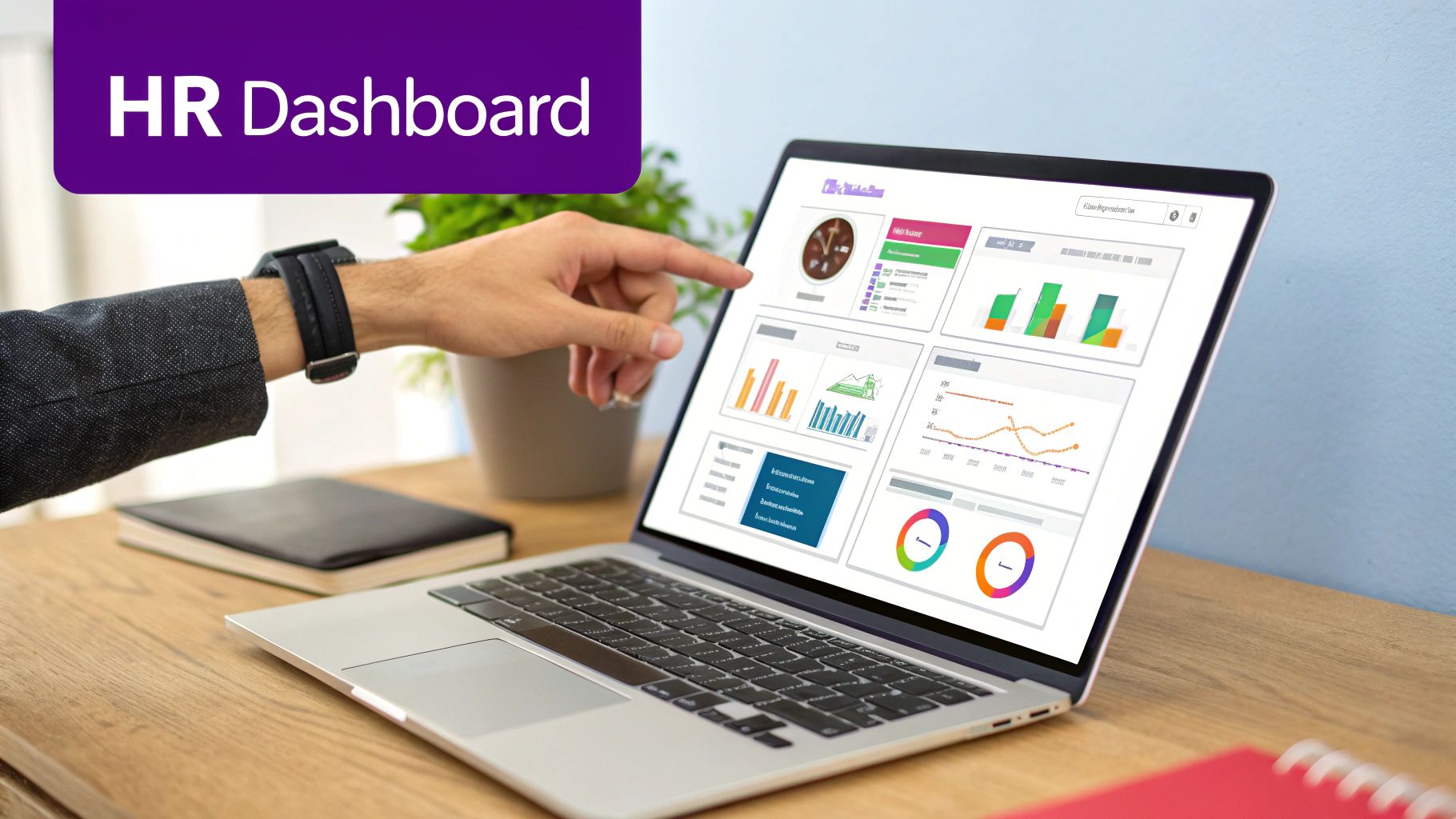 Hand pointing at an HR dashboard on a laptop screen, displaying various business analytics.