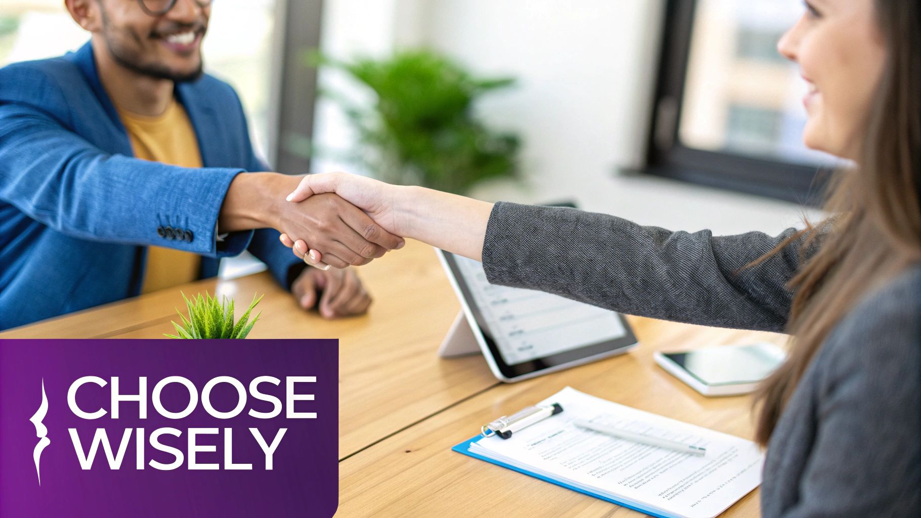 Smiling man and woman shake hands across a table in a professional setting, symbolizing agreement or partnership.