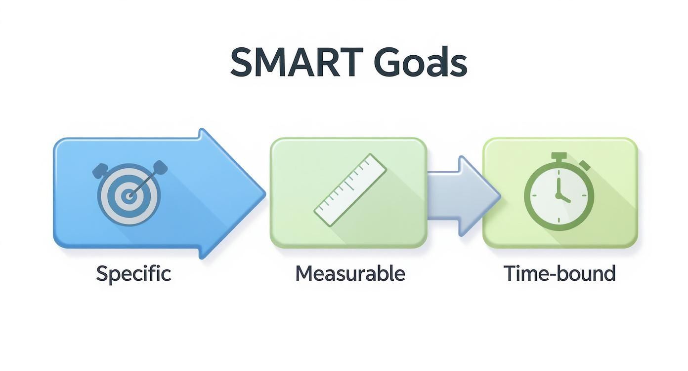 Infographic showing the process flow of SMART goals, with icons for Specific, Measurable, and Time-bound in a blue and green colour scheme.