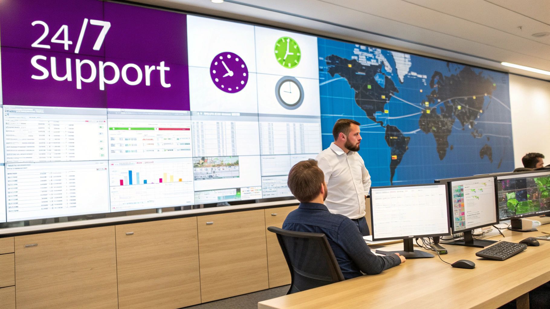Two men in a modern control room with large screens displaying 24/7 support and global data.