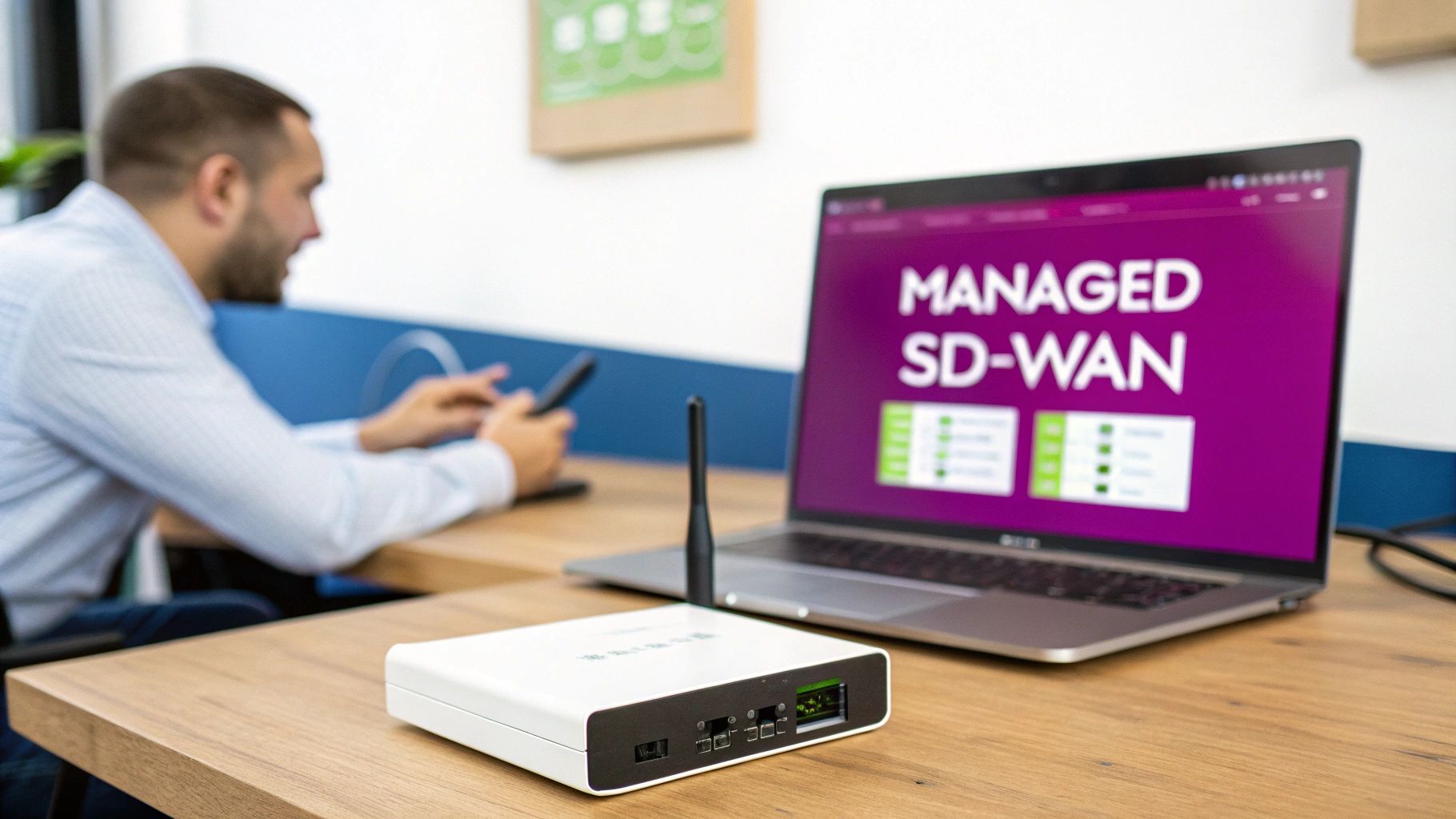 An SD-WAN router and laptop on a wooden desk, displaying 'MANAGED SD-WAN' services.