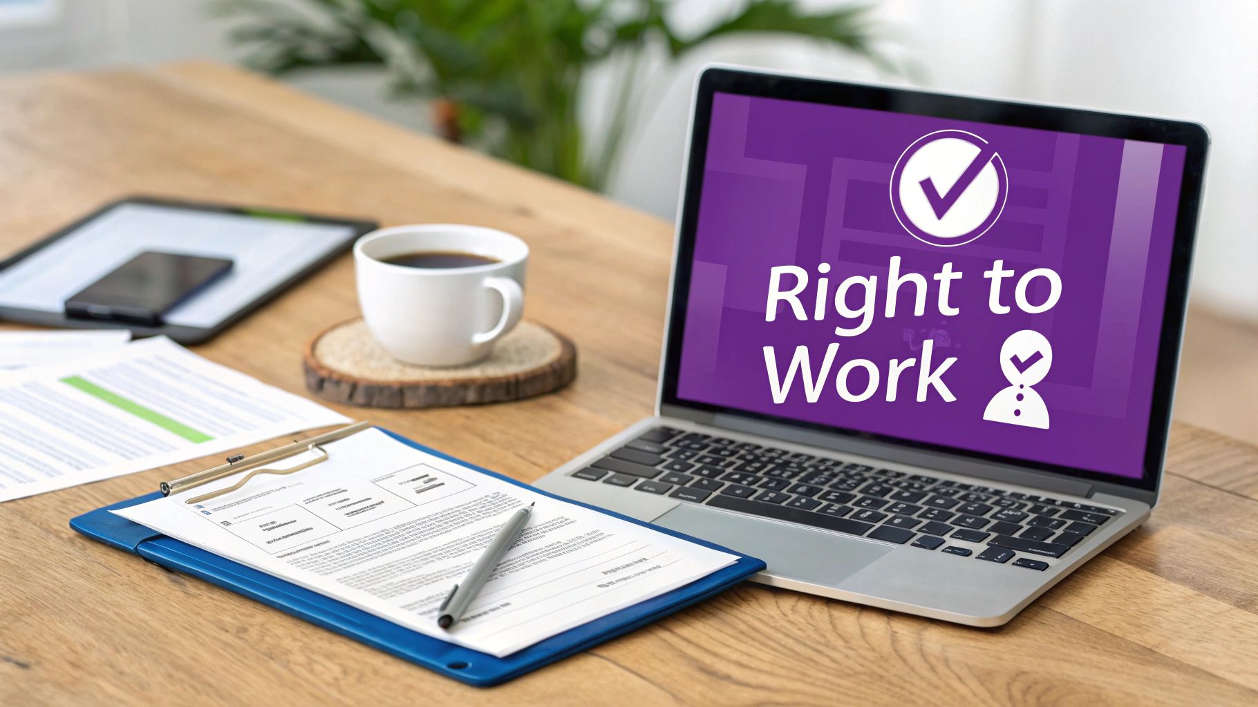 Laptop displaying 'Right to Work' on screen, with coffee cup and documents on a wooden desk.