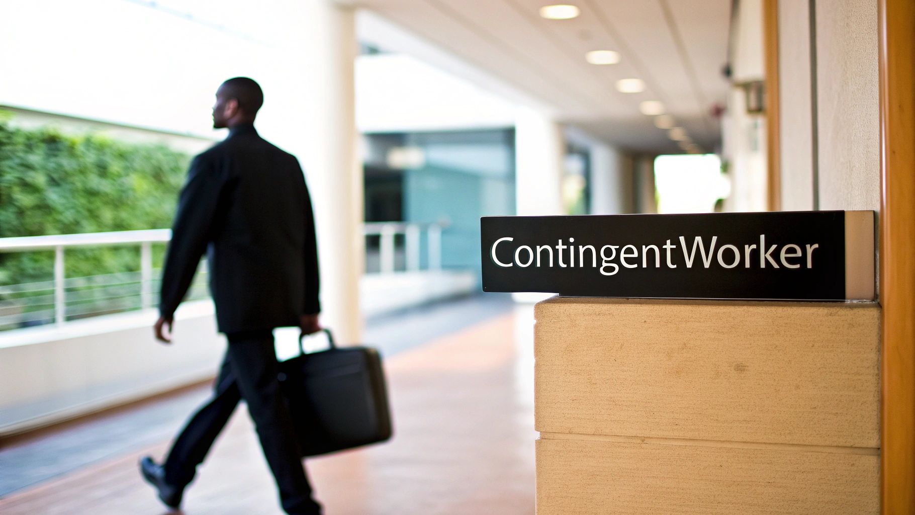 A group of diverse professionals, including a contingent worker, collaborating in a modern office setting.