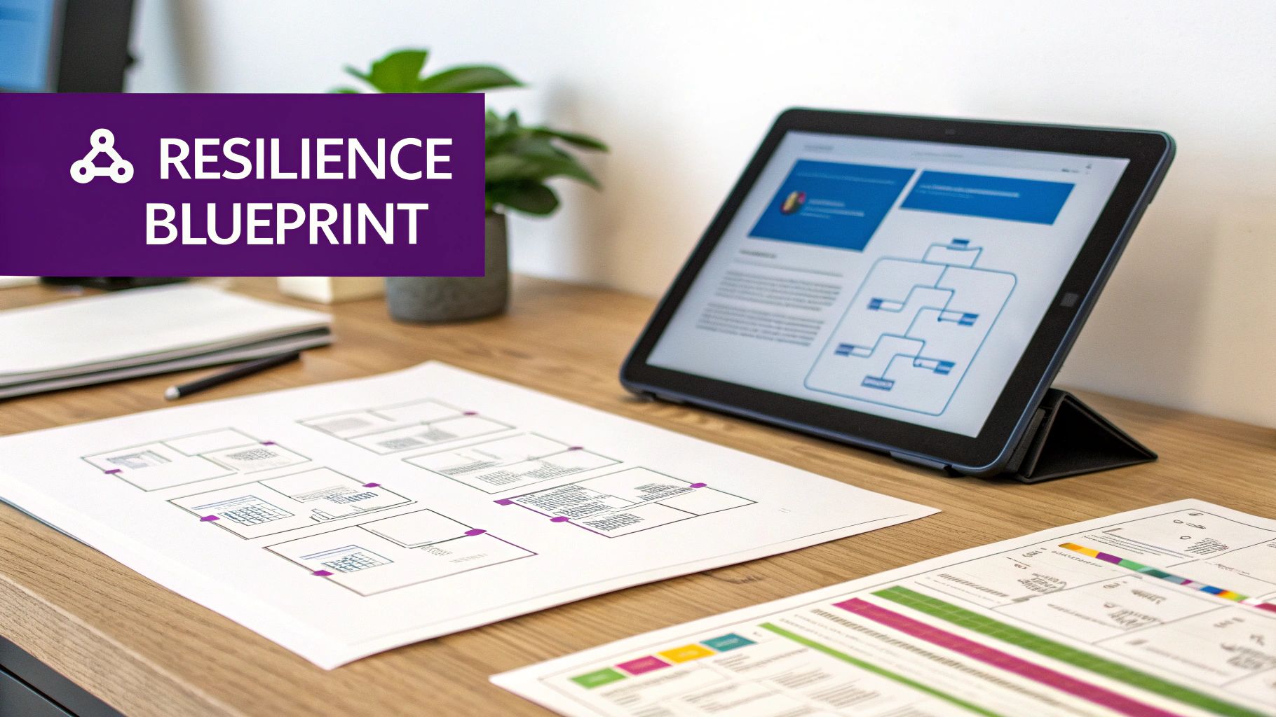 A desk with a tablet displaying a flowchart, printed blueprints, and a 'Resilience Blueprint' banner.
