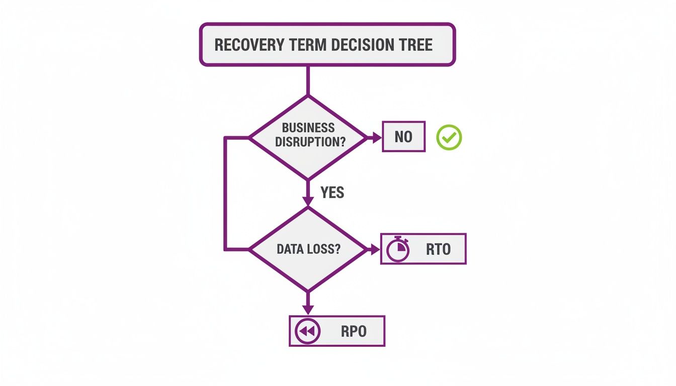A flowchart showing a recovery term decision tree for business disruption and data loss, leading to RTO or RPO.